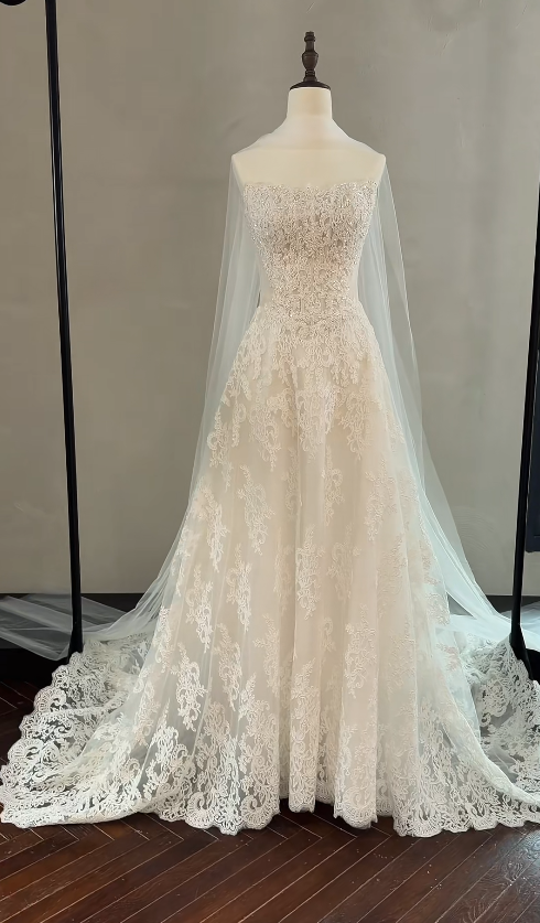 Chic Strapless A-Line Wedding Dress Appliques Lace  Bridal Gowns White Birdal Dress EW04775