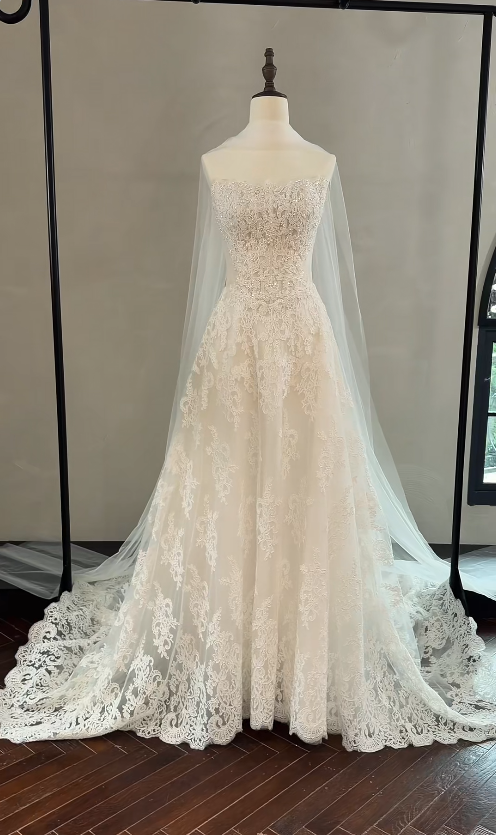 Chic Strapless A-Line Wedding Dress Appliques Lace  Bridal Gowns White Birdal Dress EW04775
