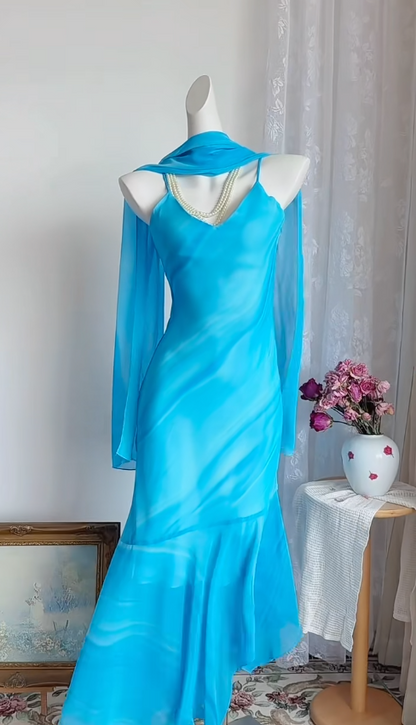 Robe de Demoiselle d'honneur Bleue Élégante Fourreau Bretelles Spaghetti Mousseline Robe Longue de Soirée EW04780