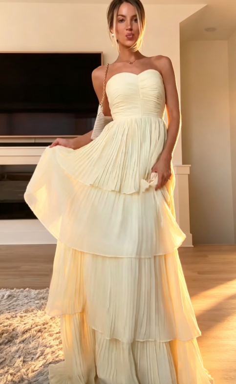 Chic Yellow Wedding Guest Dress Sheath Strapless Chiffon Long Evening Dress EW04781