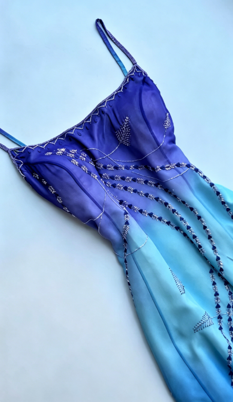 Chic Blue Prom Dress Spaghetti Straps Sheath Beaded Chiffon Long Evening Dress EW04786