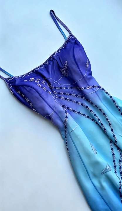 Chic Blue Prom Dress Spaghetti Straps Sheath Beaded Chiffon Long Evening Dress EW04786