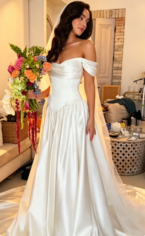 Elegant White Bridal Dress A-Line Wedding Dress Off-shoulder Satin Bridal Gown EW04789