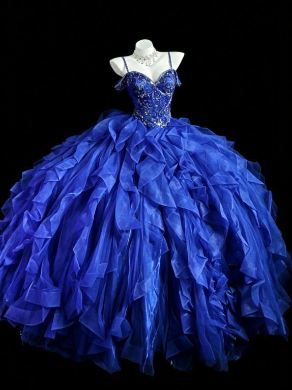 Wunderschönes Spaghettiträger Ballkleid Quinceanera Kleid Tüll Abschlussballkleid Blau Sweet 16 Kleid EW04796