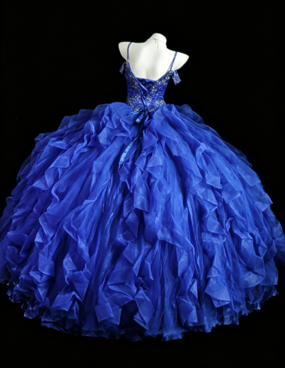 Wunderschönes Spaghettiträger Ballkleid Quinceanera Kleid Tüll Abschlussballkleid Blau Sweet 16 Kleid EW04796