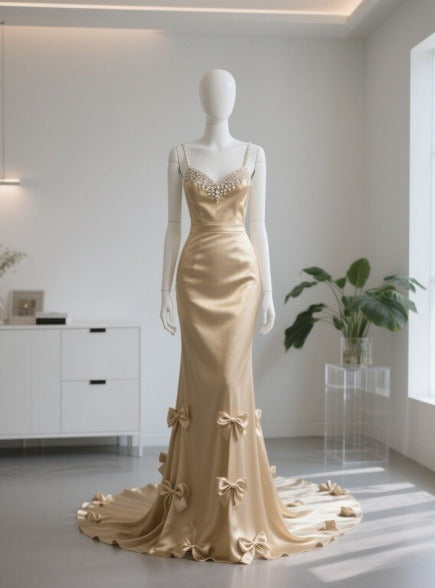 Superbe robe de soirée longue en satin fuchsia, style sirène, sans bretelles, ED02613