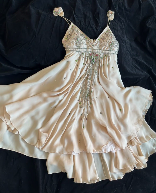 Vintage Aprikose Kurzes Ballkleid Spaghettiträger Chiffon Geburtstagskleid Eng Anliegend Perlenbesetztes Partykleid EW04802