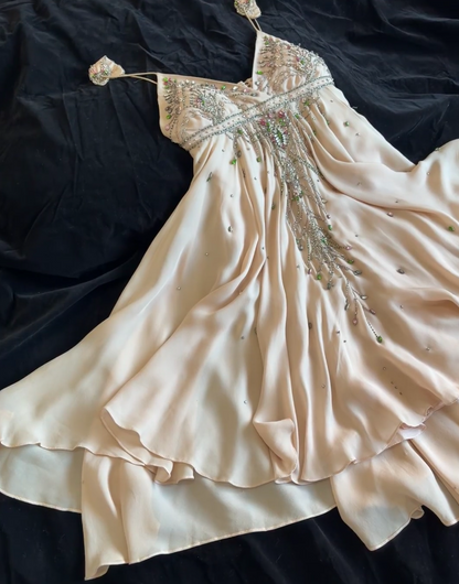 Robe de Soirée Courte Vintage Abricot Bretelles Fines Mousseline Robe d'Anniversaire Fourreau Perlé Robe de Fête EW04802