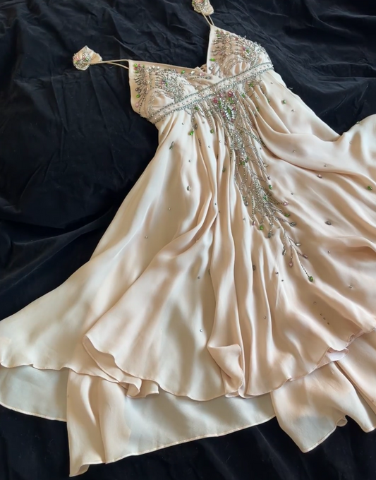 Vintage Aprikose Kurzes Ballkleid Spaghettiträger Chiffon Geburtstagskleid Eng Anliegend Perlenbesetztes Partykleid EW04802