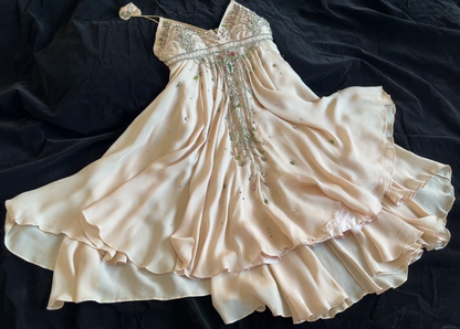 Robe de Soirée Courte Vintage Abricot Bretelles Fines Mousseline Robe d'Anniversaire Fourreau Perlé Robe de Fête EW04802