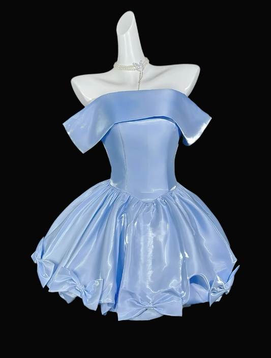 Cute Off-shoulder A-Line Birthday Dress Saitn Graduation Party Dress Blue Short Prom Dress  EW04803