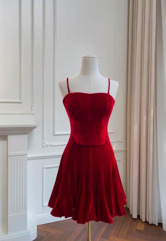 Cute Spaghetti Straps A-Line Birthday Dress Velvet Graduation Party Dress Red Short Prom Dress EW04804