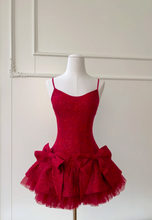 Cute Spaghetti Straps A-Line Birthday Dress Lace Graduation Party Dress Red Short Prom Dress EW04805