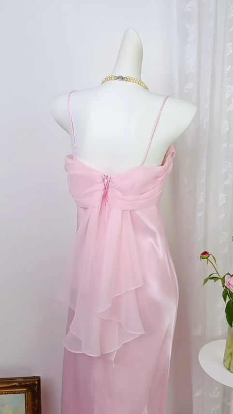 Robe de bal rose vintage à bretelles spaghetti, robe fourreau pour invitée de mariage, longue robe de soirée en mousseline EW04808