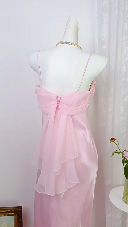 Robe de bal rose vintage à bretelles spaghetti, robe fourreau pour invitée de mariage, longue robe de soirée en mousseline EW04808