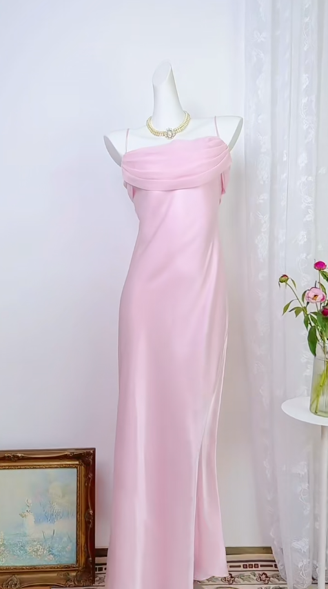 Vintage pinkes Ballkleid Spaghettiträger Etuikleid für Hochzeitsgäste Chiffon langes Abendkleid EW04808