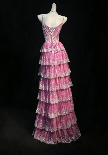 Vintage Pink Prom Dress Spaghetti Straps A-Line Dress Tulle Long Evening Dress  EW04809