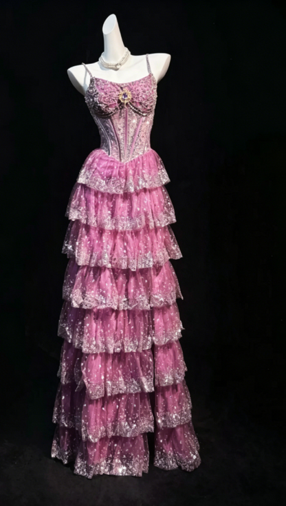 Vintage Pink Prom Dress Spaghetti Straps A-Line Dress Tulle Long Evening Dress  EW04809
