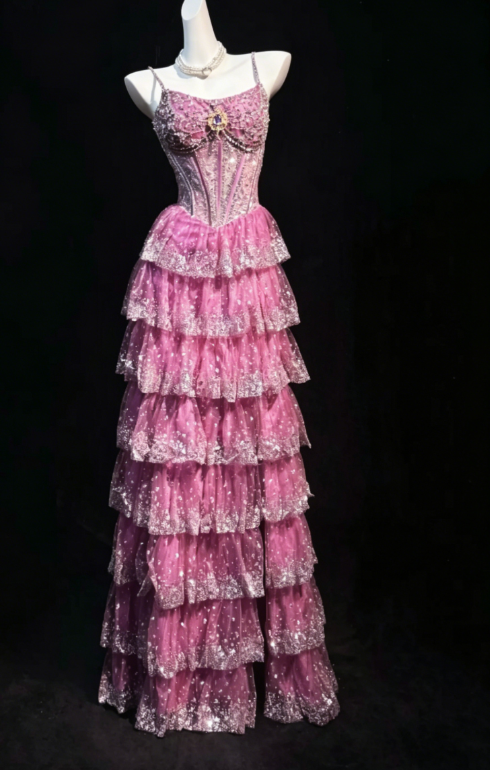 Vintage Pink Prom Dress Spaghetti Straps A-Line Dress Tulle Long Evening Dress  EW04809