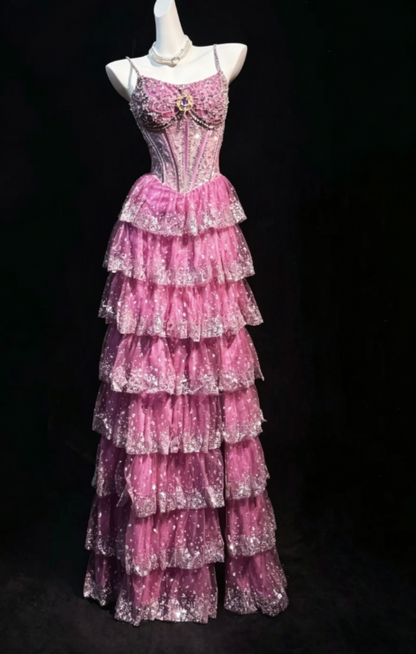 Vintage Pink Prom Dress Spaghetti Straps A-Line Dress Tulle Long Evening Dress  EW04809