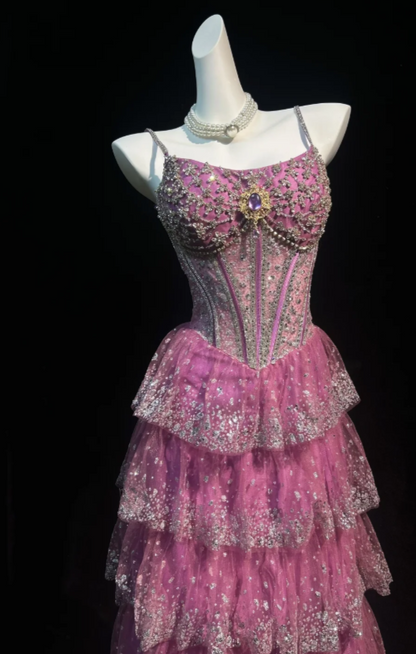 Vintage Pink Prom Dress Spaghetti Straps A-Line Dress Tulle Long Evening Dress  EW04809