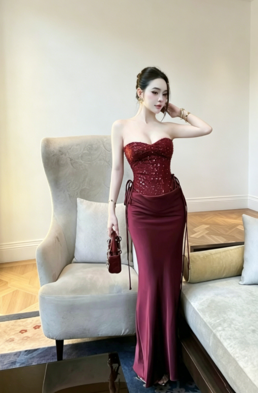 Chic Burgundy Prom Dress Sweetheart Sheath Satin Long Evening Dress EW04810