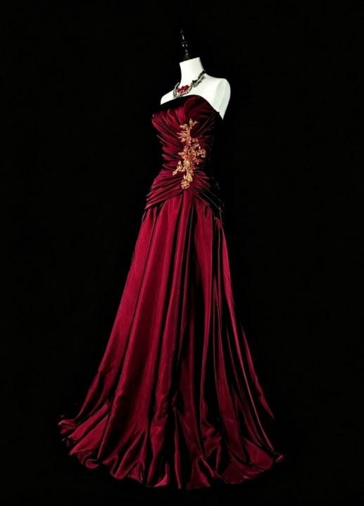 Élégante Robe de Soirée Longue Bustier en Satin Bordeaux Robe de Bal EW04813