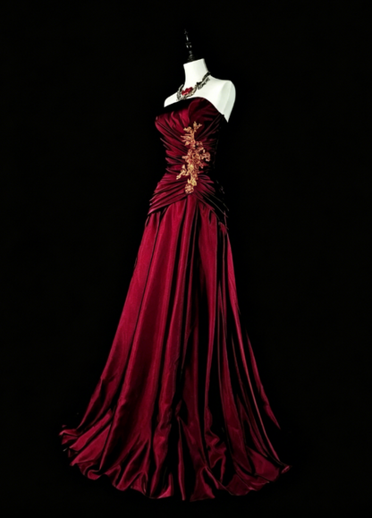 Élégante Robe de Soirée Longue Bustier en Satin Bordeaux Robe de Bal EW04813