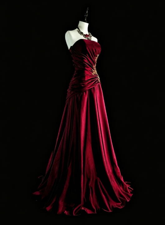 Élégante Robe de Soirée Longue Bustier en Satin Bordeaux Robe de Bal EW04813