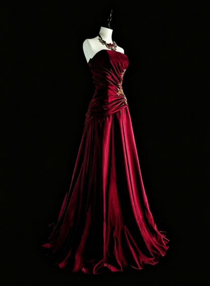 Élégante Robe de Soirée Longue Bustier en Satin Bordeaux Robe de Bal EW04813