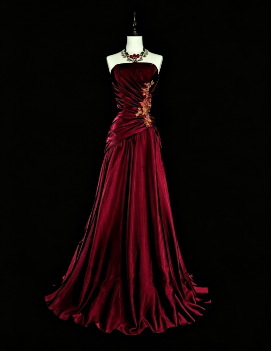Élégante Robe de Soirée Longue Bustier en Satin Bordeaux Robe de Bal EW04813
