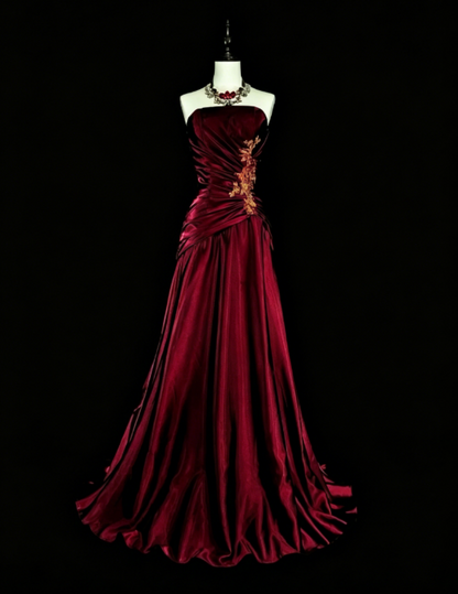 Élégante Robe de Soirée Longue Bustier en Satin Bordeaux Robe de Bal EW04813