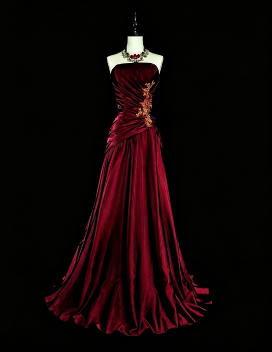 Chic Strapless Sheath Satin Long Evening Dress Burgundy Prom Dress EW04813