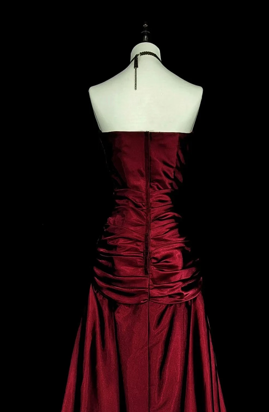 Élégante Robe de Soirée Longue Bustier en Satin Bordeaux Robe de Bal EW04813