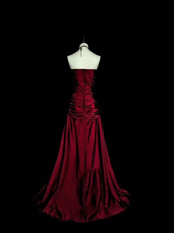 Élégante Robe de Soirée Longue Bustier en Satin Bordeaux Robe de Bal EW04813