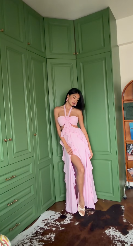 Chic Pink Wedding Guest Dress Halter Sheath Chiffon Long Evening Dress  EW04814