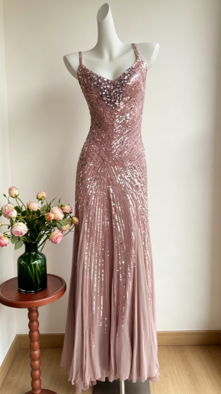 Chic Spaghetti Straps Sheath Beaded Chiffon Long Evening Dress Dusty Pink Prom Dress EW04815
