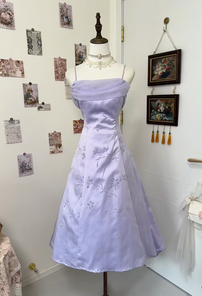 Vintage Spaghetti Straps A-Line Evening Dress Satin Birthday Lavender Prom Dress EW04816