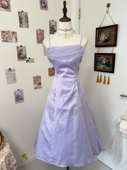 Vintage Spaghetti Straps A-Line Evening Dress Satin Birthday Lavender Prom Dress EW04816