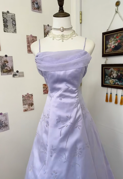 Vintage Spaghetti Straps A-Line Evening Dress Satin Birthday Lavender Prom Dress EW04816