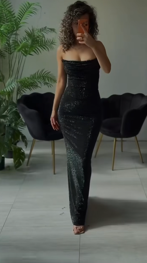 Classy Strapless Sheath Evening Dress Rhinstones Chiffon Birthday Black Prom Dress EW04818
