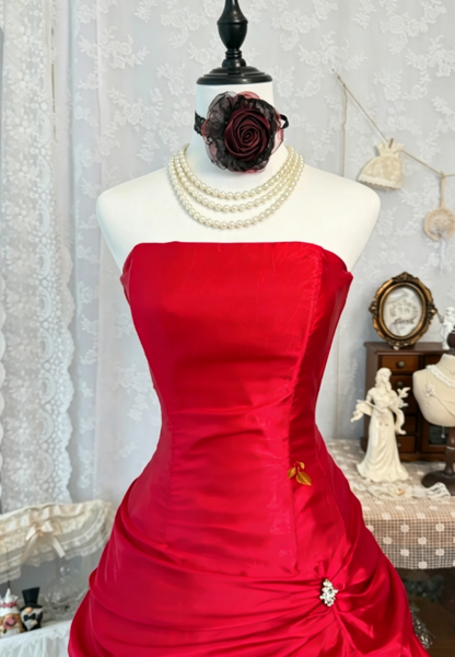 Élégante robe d'anniversaire rouge, bustier en satin, robe de cocktail trapèze, robe de soirée EW04822
