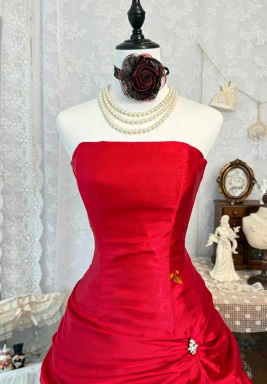 Classy Red Birthday Dress Strapless Satin Cocktail Dress A-Line Party Dress EW04822