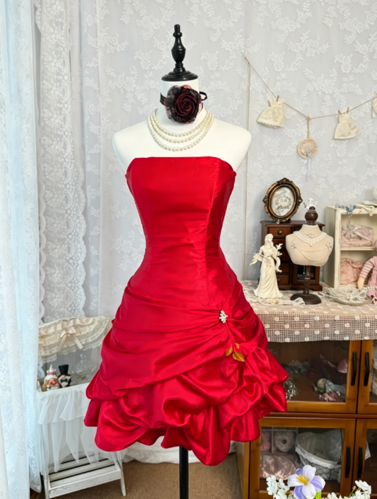 Classy Red Birthday Dress Strapless Satin Cocktail Dress A-Line Party Dress EW04822