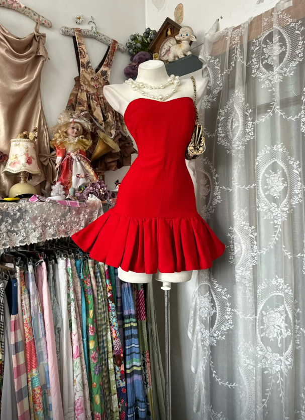 Classy Red Birthday Dress Strapless Satin Cocktail Dress Sheath Party Dress EW04824