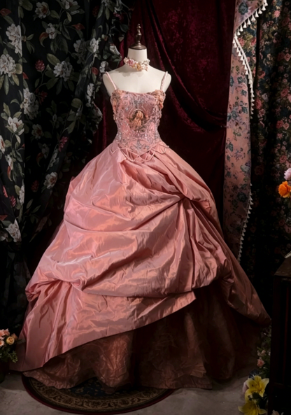 Elegantes Spaghettiträger-Ballkleid Quinceanera Satin-Applikationen Geburtstagskleid Rosa Sweet 16 Kleid EW04825
