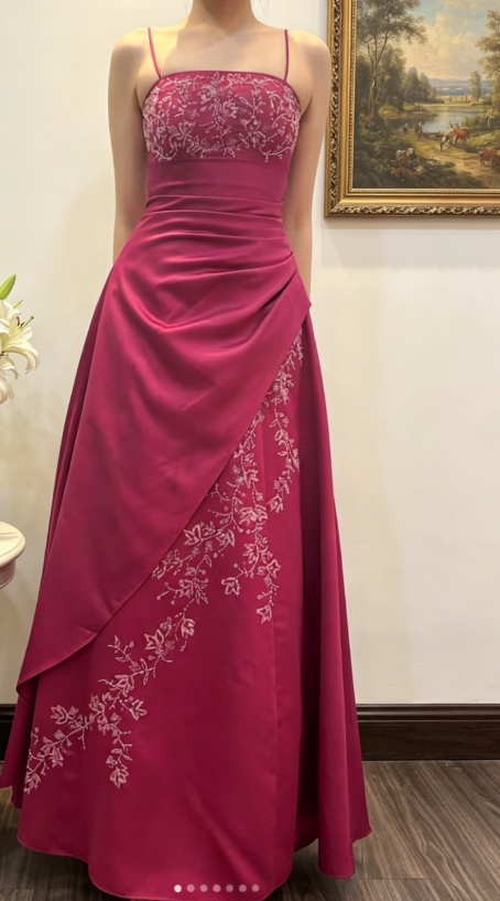 Classy Spaghetti Straps A-Line Satin Long Evening Dress Beaded Burgundy Prom Dress EW04826
