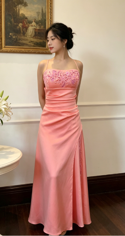 Elegantes, figurbetontes langes Abendkleid aus Satin mit Spaghettiträgern und Perlen in Koralle, Ballkleid EW04828