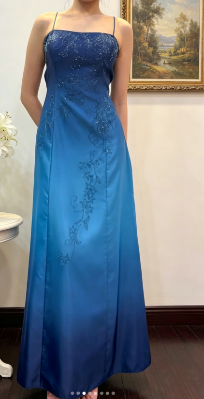Classy Spaghetti Straps Sheath Satin Long Evening Dress Beaded Blue Prom Dress EW04829