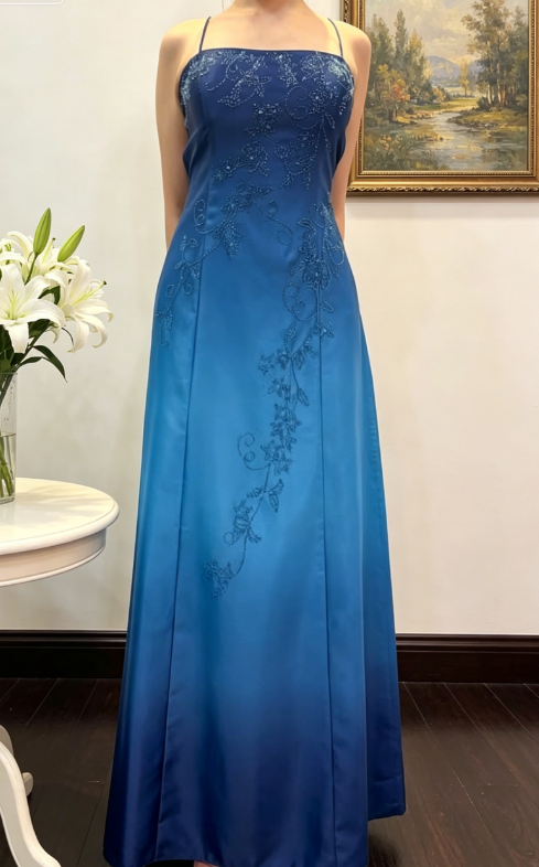 Classy Spaghetti Straps Sheath Satin Long Evening Dress Beaded Blue Prom Dress EW04829